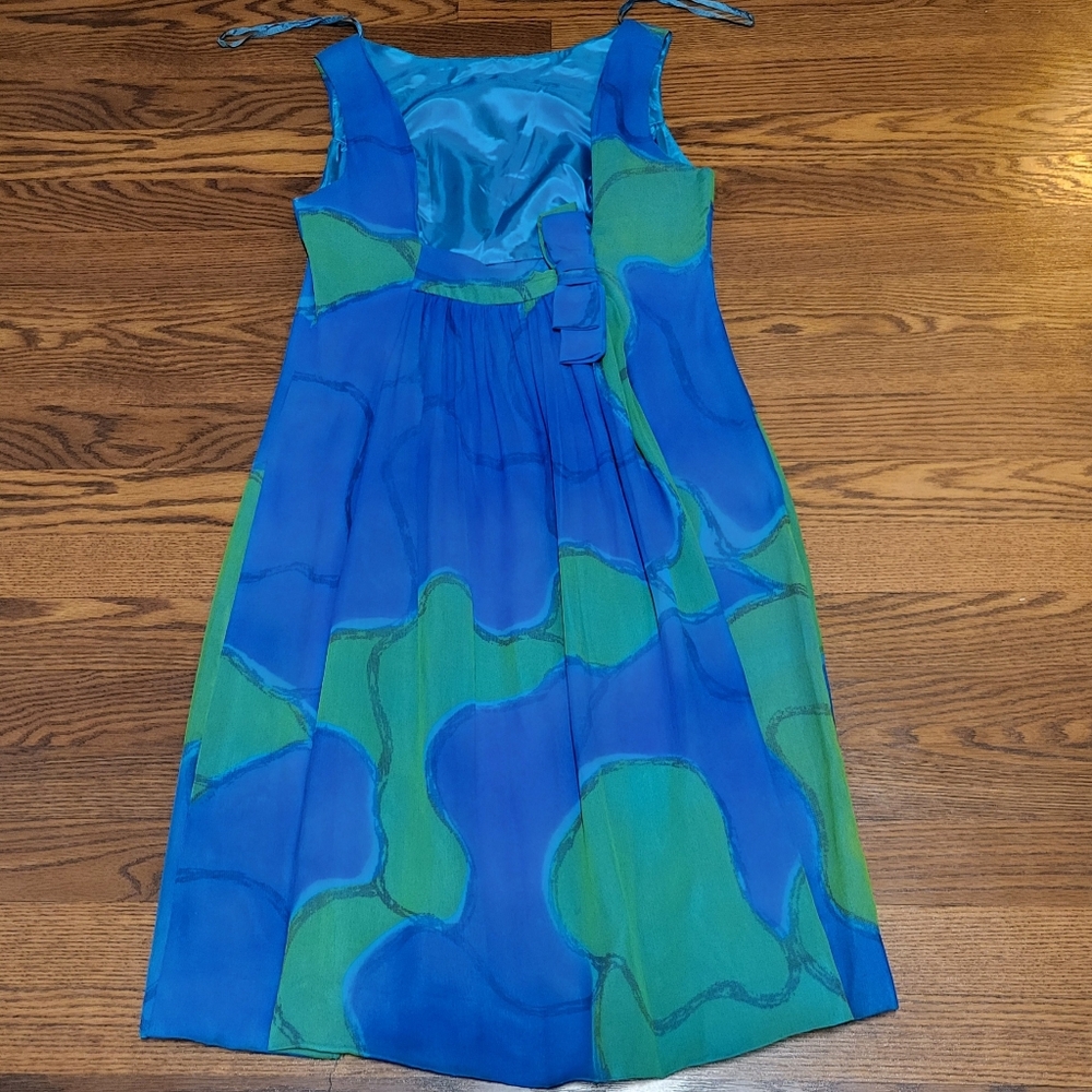 CHIC Vintage MOD 60s Blue & Green Watercolor Silk Chiffon Mini Shift Dress sz 13